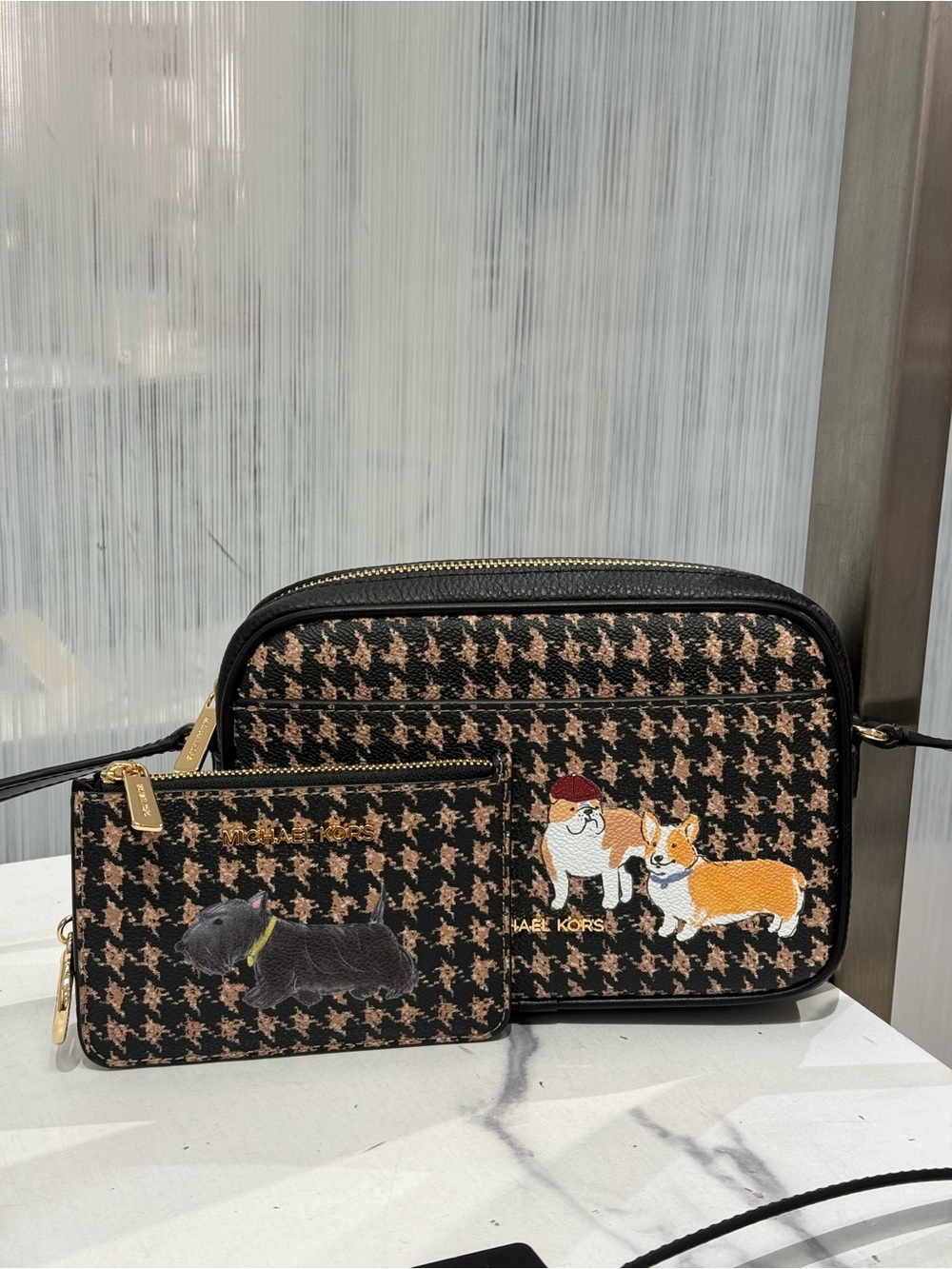 Michael Kors jet set travel small Houndstooth Dog Print Crossbody Bag set